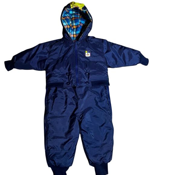 Vintage Gymboree Gymsport navy blue /plaid lined snowsuit coat pants 1-2 yr old - Picture 1 of 11